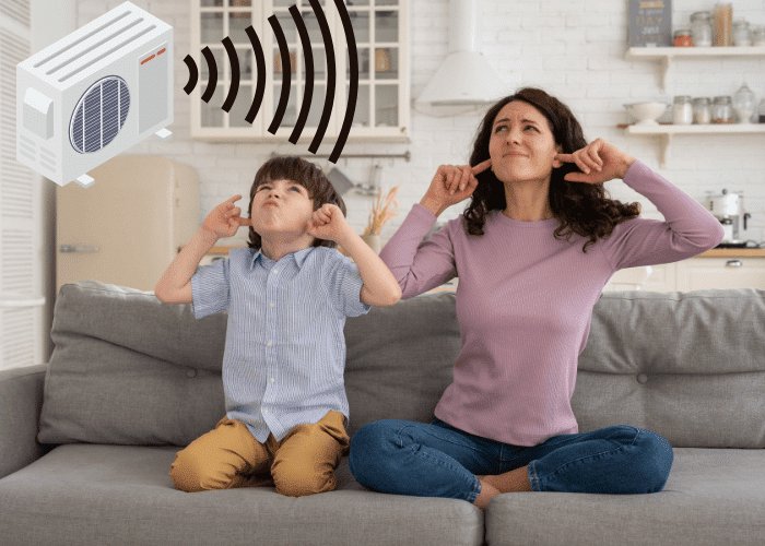 Mother and son in room with loud AC unit