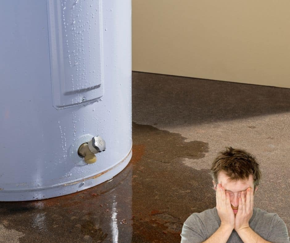 Man in foreground upset because his tank water heater is leaking